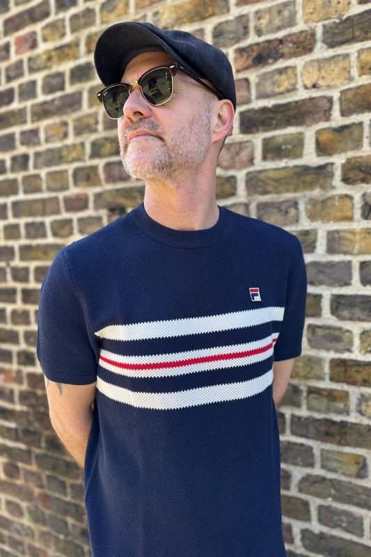 Gerardo Mesh Stripe Navy Knitted - T-Shirt