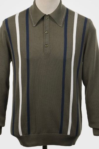 Ed Ivy Green / Navy / Ecru Striped - Knitted Polo