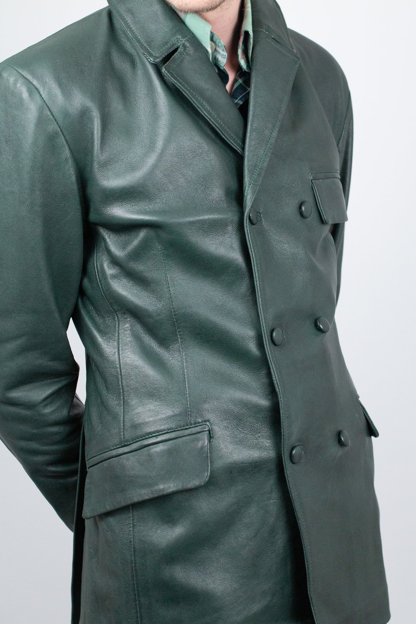 Men's Double Breasted Bottle Green - Leather Jacket