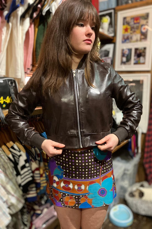 Women's Chocolate Cropped Leather Bomber - Jacket