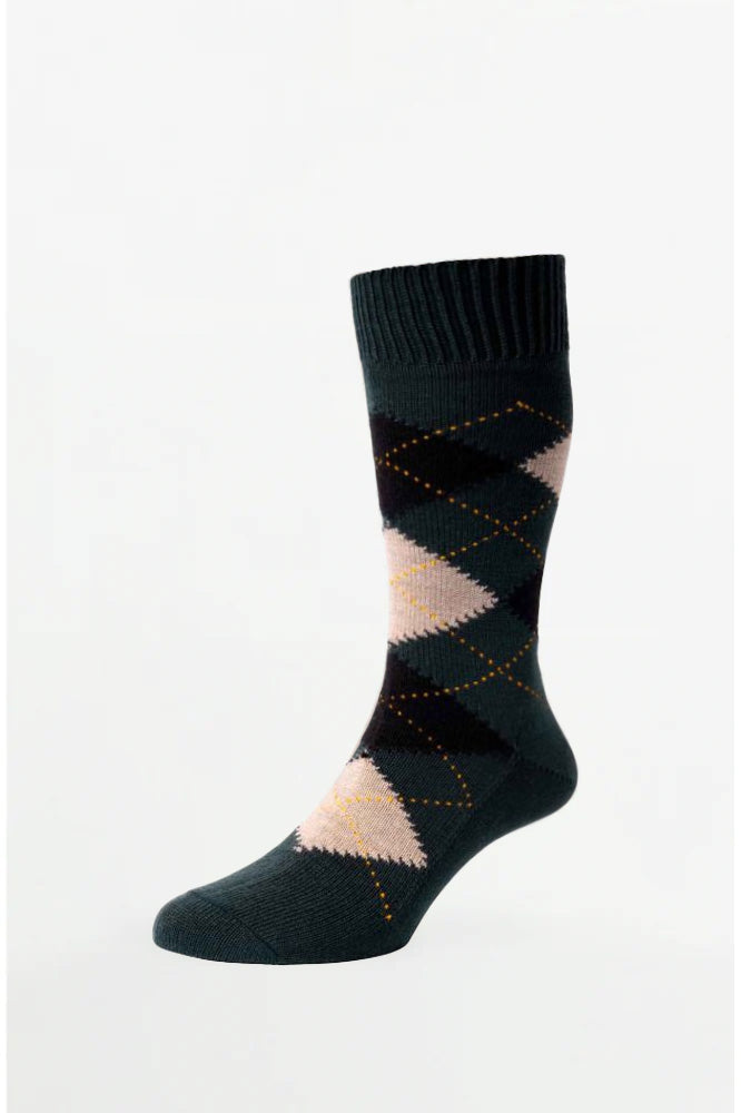 Racton Argyle Marino Wool Green - Socks