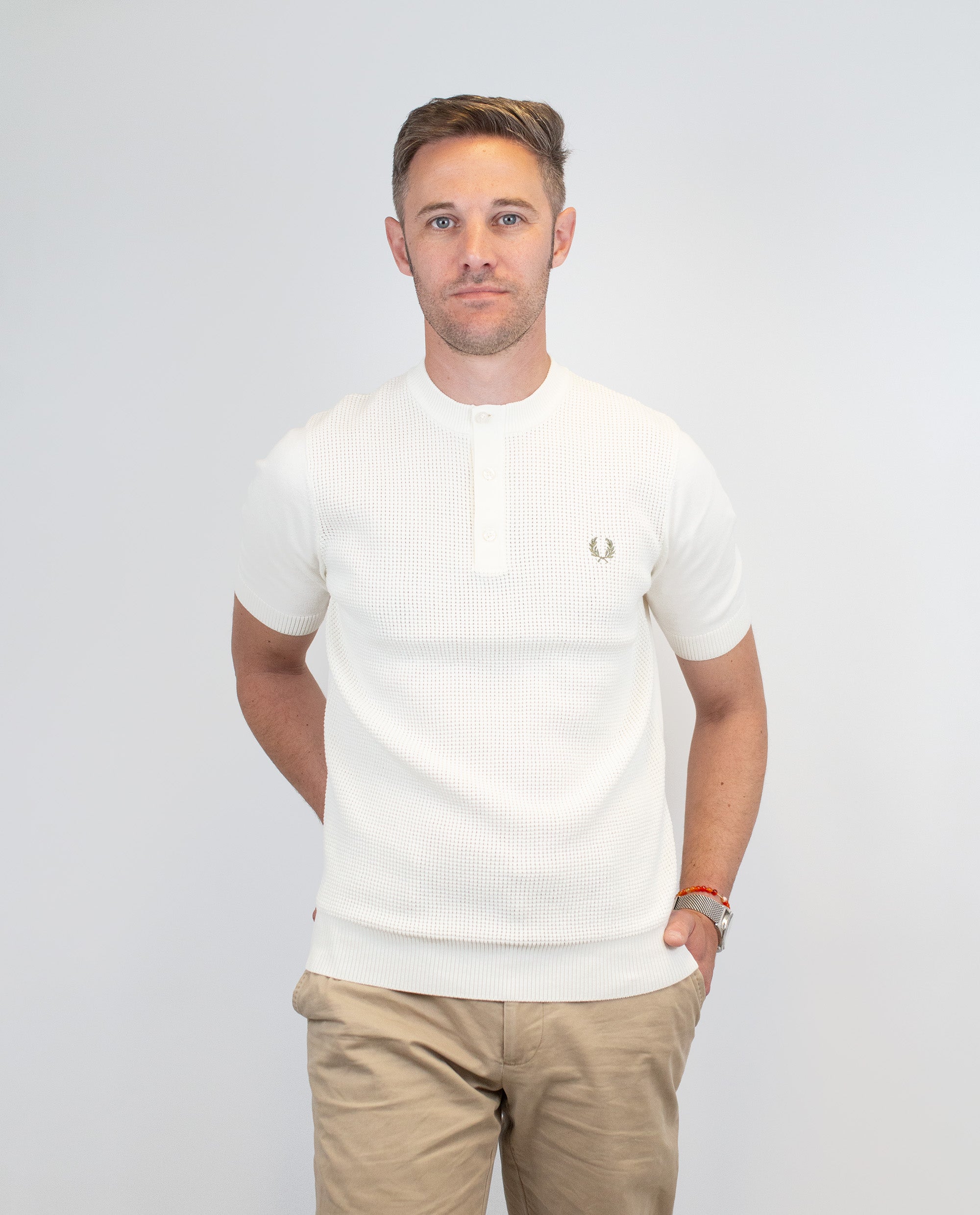 FRED PERRY☆ Waffle Stitch Henley Neck T-Shirt LIGHT ECRU Waffle Stitch Henley Shirt - Light Ecru | Men's Knitwear