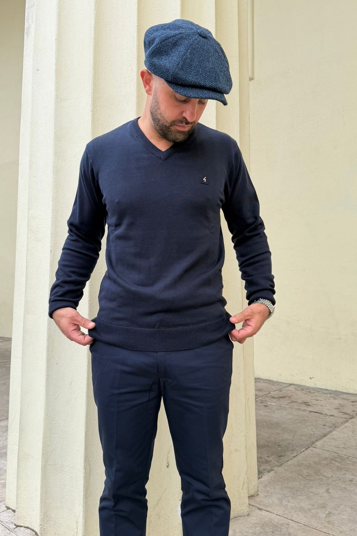 Brandon Navy Vee Neck - Knit