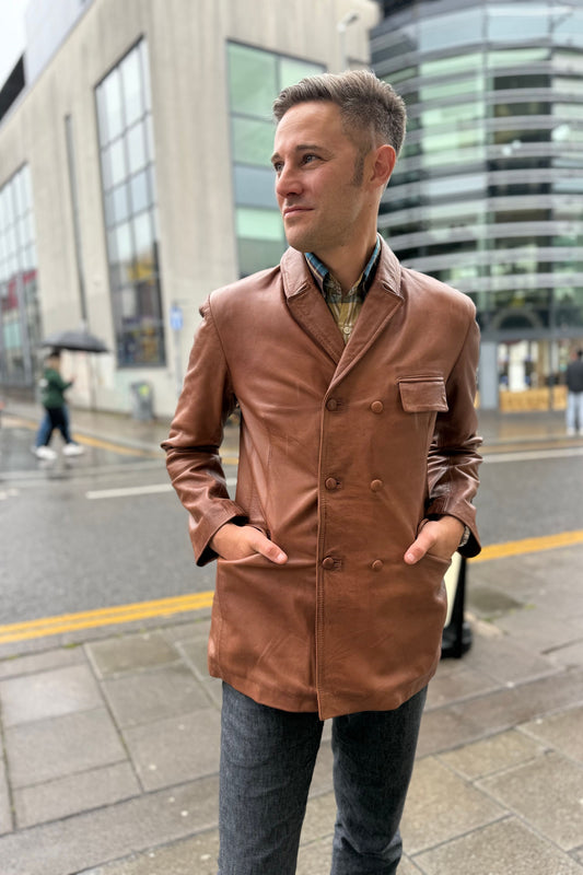 Men's Double Breasted Aged Tan - Leather Jacket