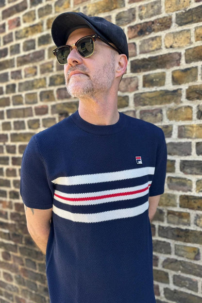 Gerardo Mesh Stripe Navy Knitted - T-Shirt