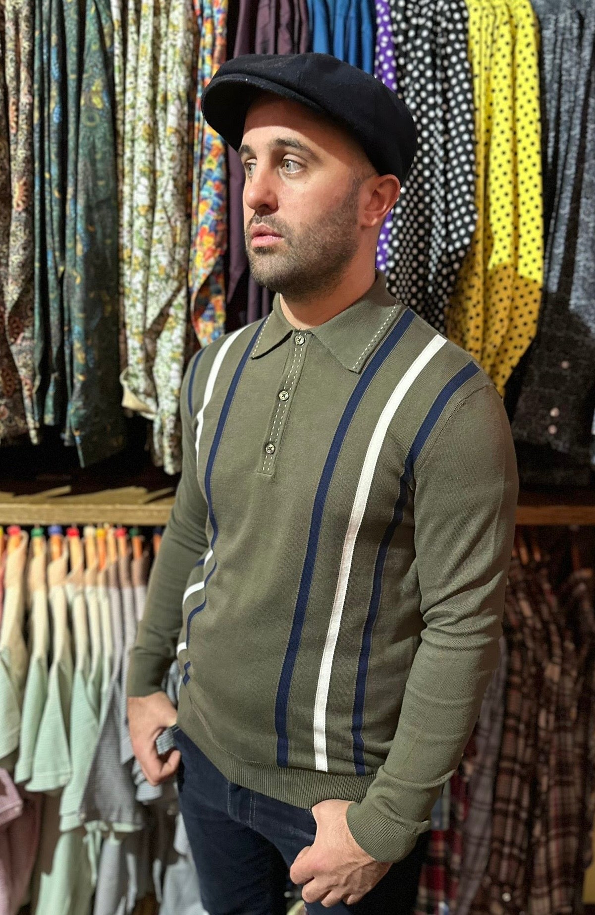 Ed Ivy Green / Navy / Ecru Striped - Knitted Polo