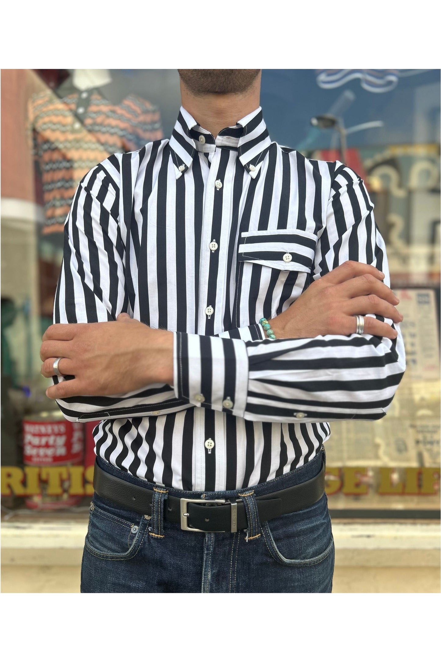 'The Terry' Beagle Collar Black & White Stripe - Shirt