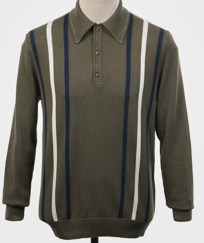 Ed Ivy Green / Navy / Ecru Striped - Knitted Polo