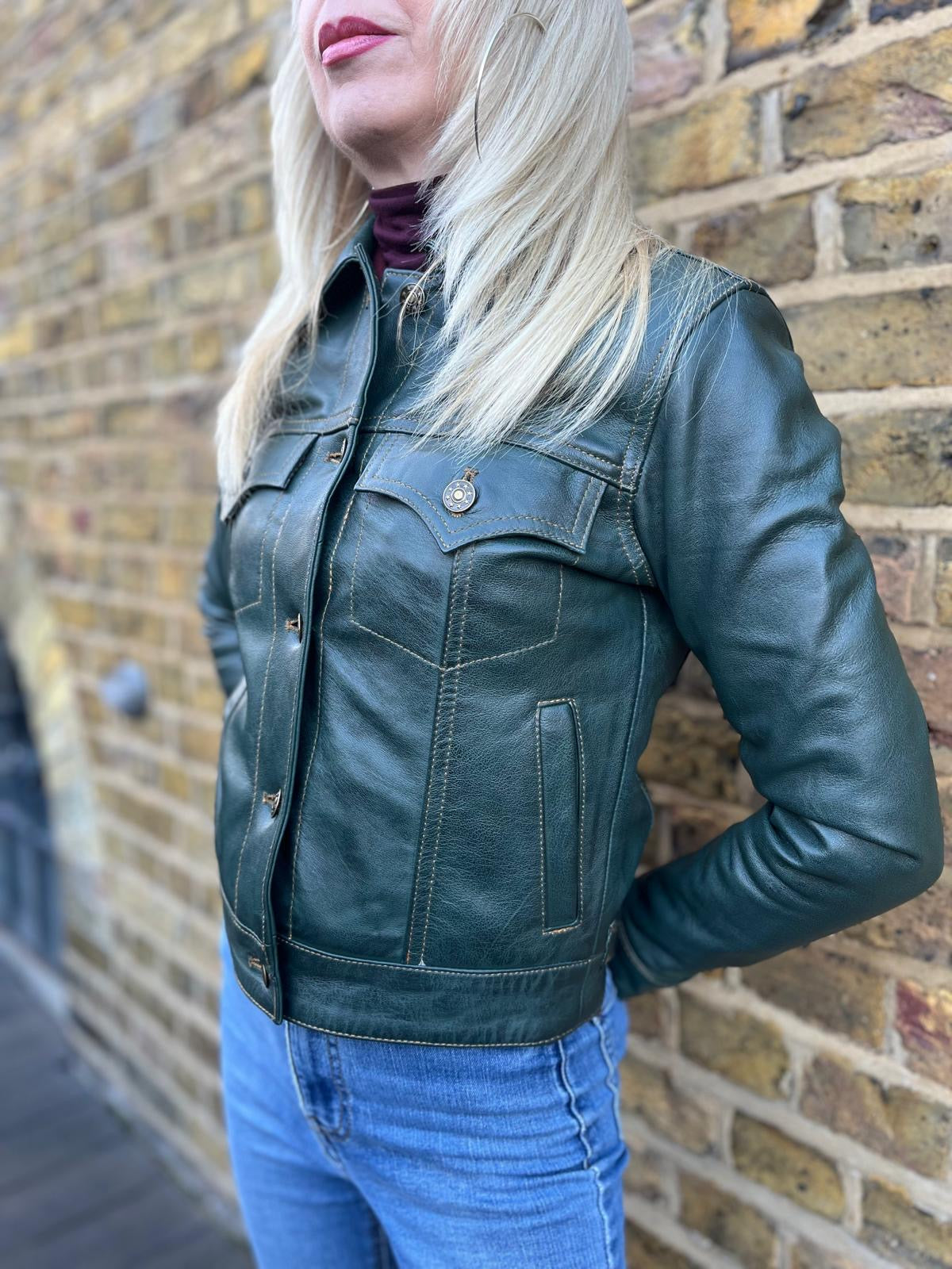 Women's Leather Ivy Green - Trucker Jacket