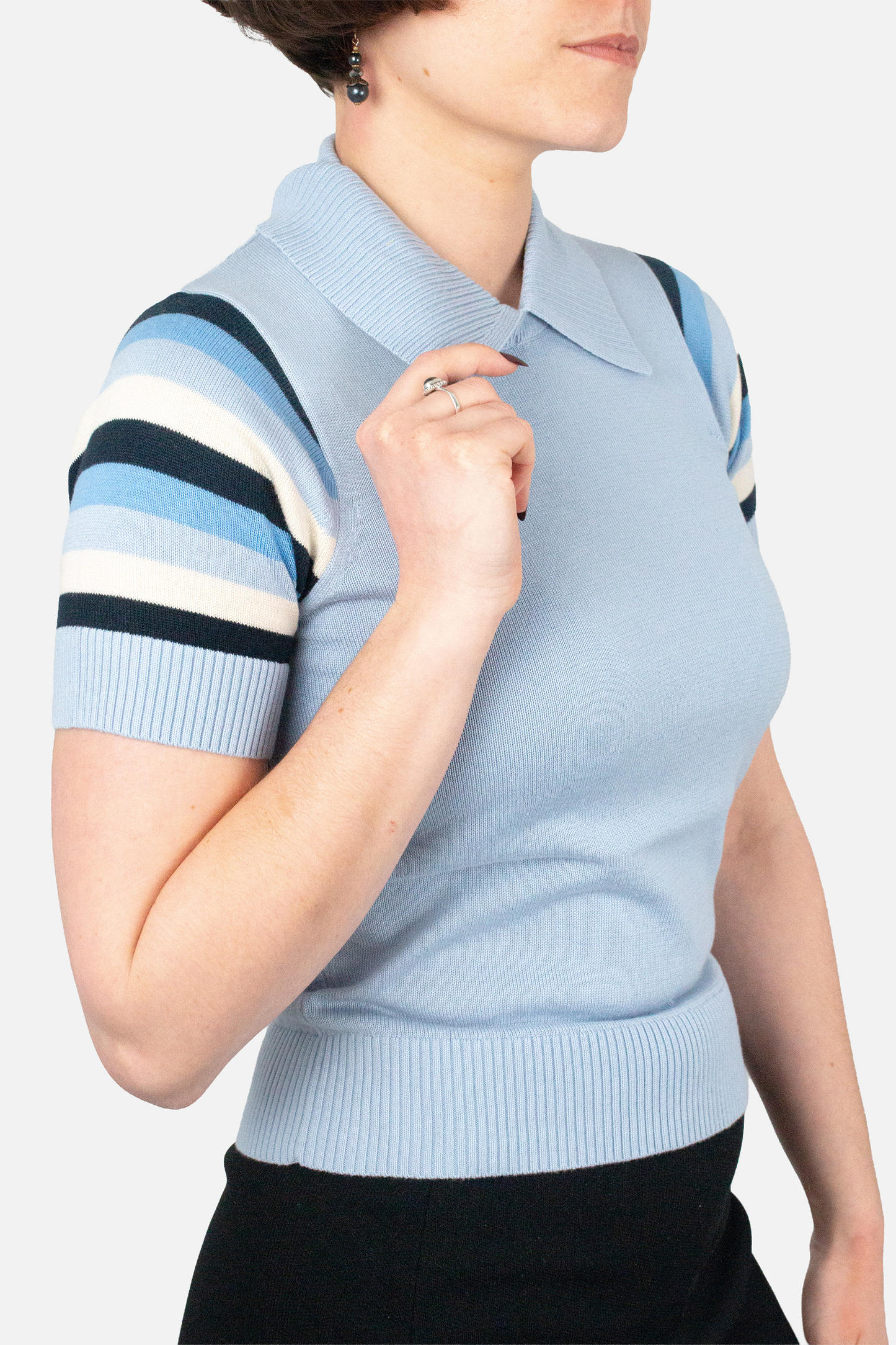 Babs Stripe Sleeve Sky - Polo Knit