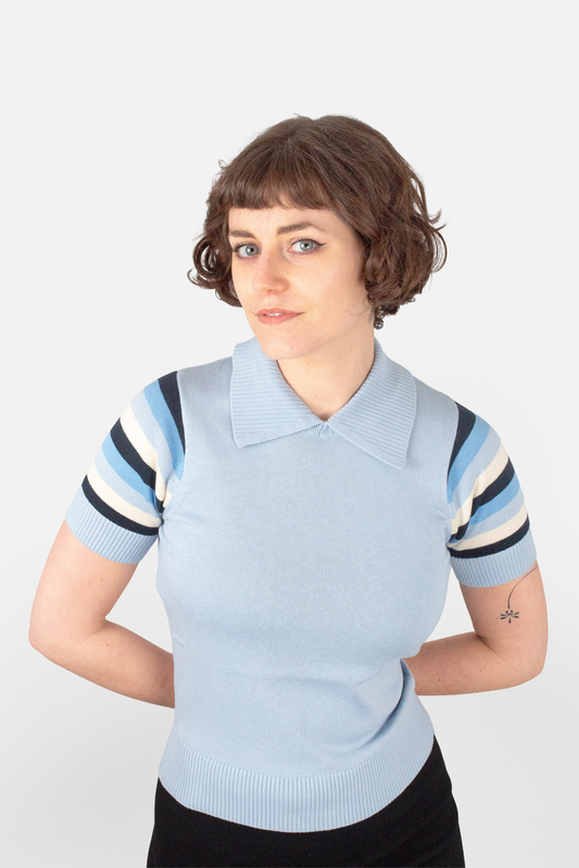 Babs Stripe Sleeve Sky - Polo Knit