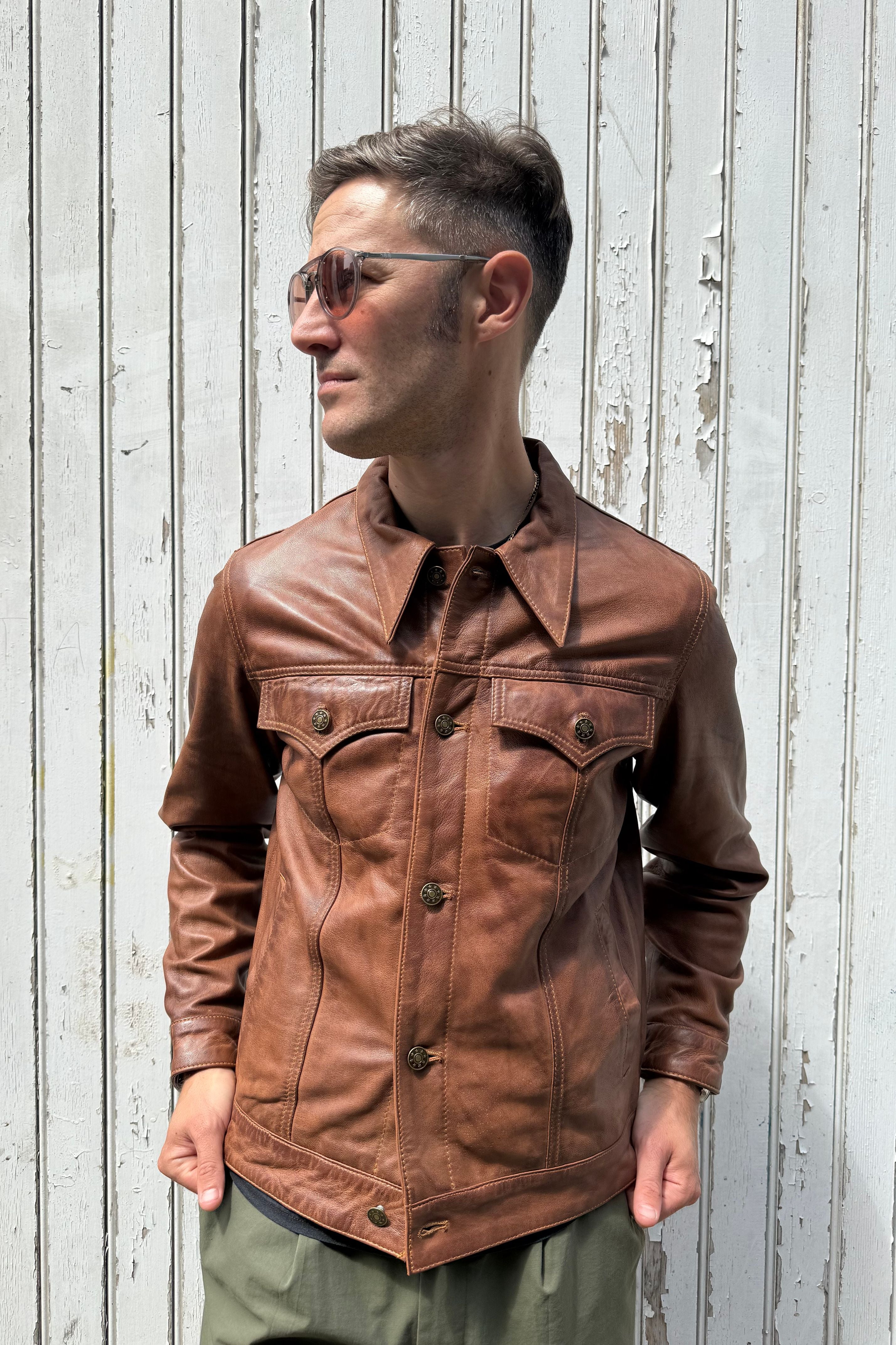 Men’s Leather Aged Tan - Trucker Jacket