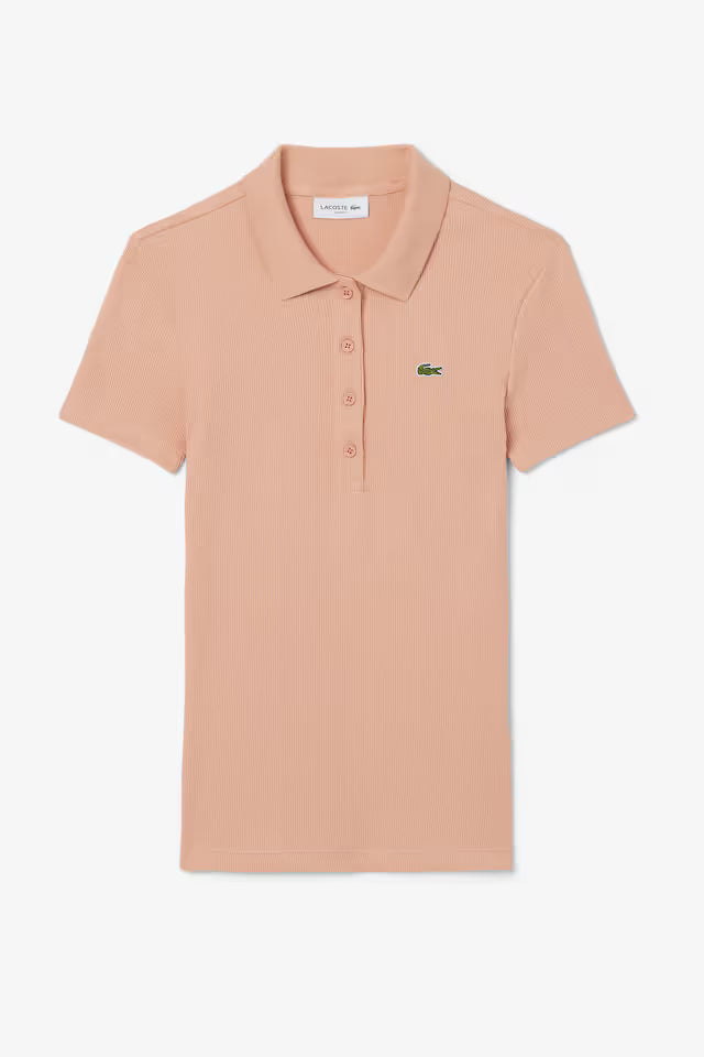 Women's Short Sleeved Ribbed Pinkish Beige Cotton - Polo