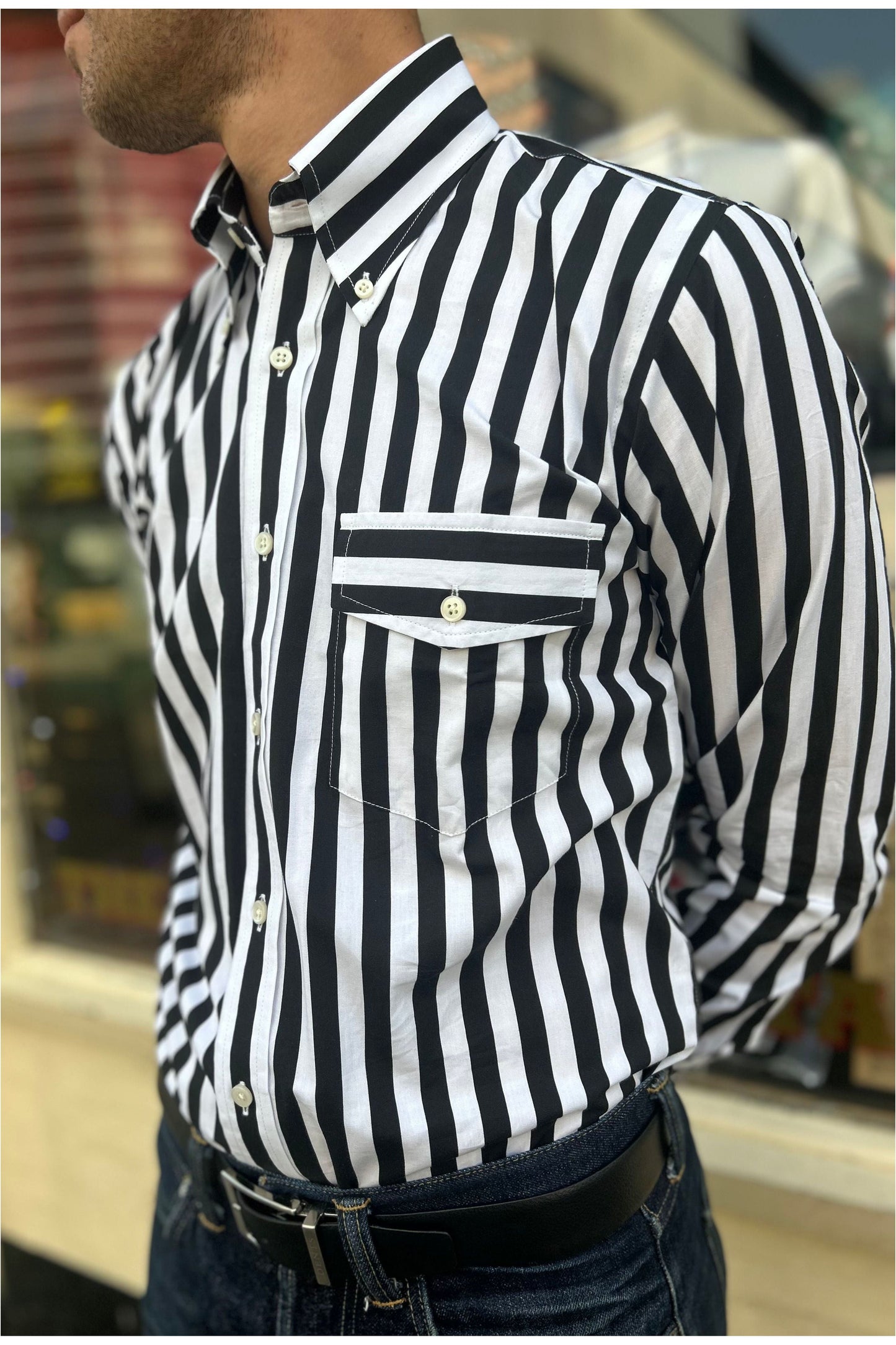 'The Terry' Beagle Collar Black & White Stripe - Shirt
