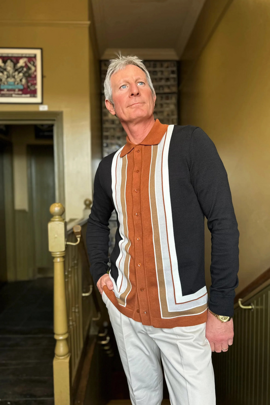 Curtis Graduated Stripe 'The Dark Chocolate’ Long Sleeve Button Through MB1116 - Polo Knit