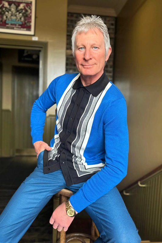 Curtis Graduated Stripe ‘The Royal Blue’ Long Sleeve Button Through MB1116 - Polo Knit