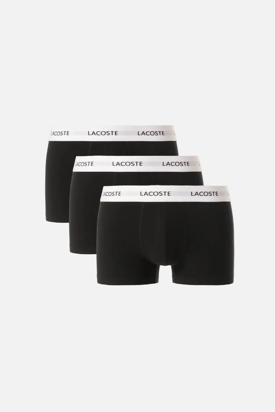 Three black Lacoste boxer briefs on a white background