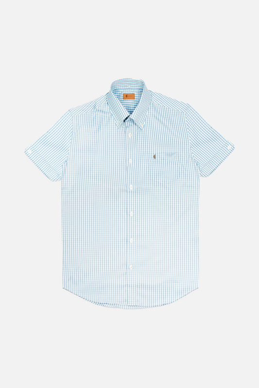 Frazer Aqua Blue Gingham Seersucker S/S - Shirt
