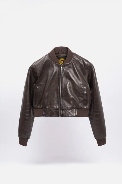 Women's Chocolate Cropped Leather Bomber - Jacket